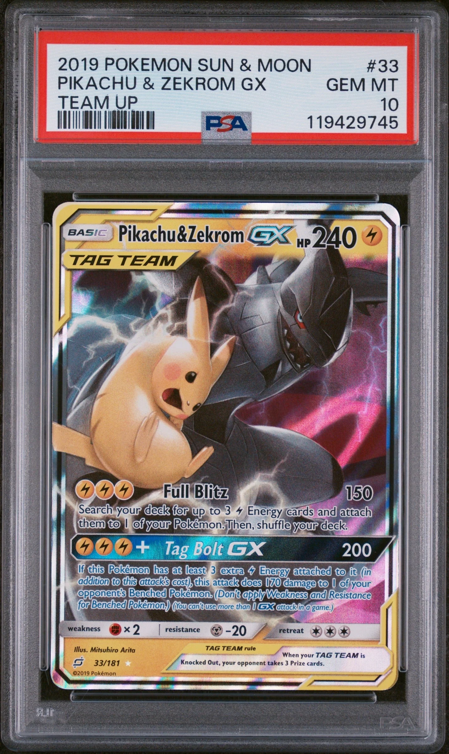 9231807 2019 POKEMON SUN & MOON TEAM UP #33 PIKACHU & ZEKROM GX TEAM UP PSA 10 - Image 1